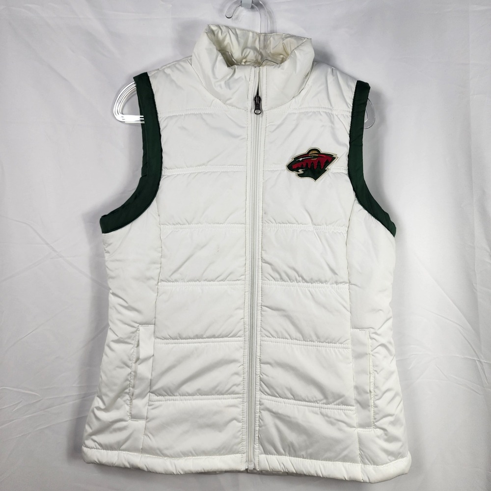 NHL White Quilted Puffer Vest with Green Trim